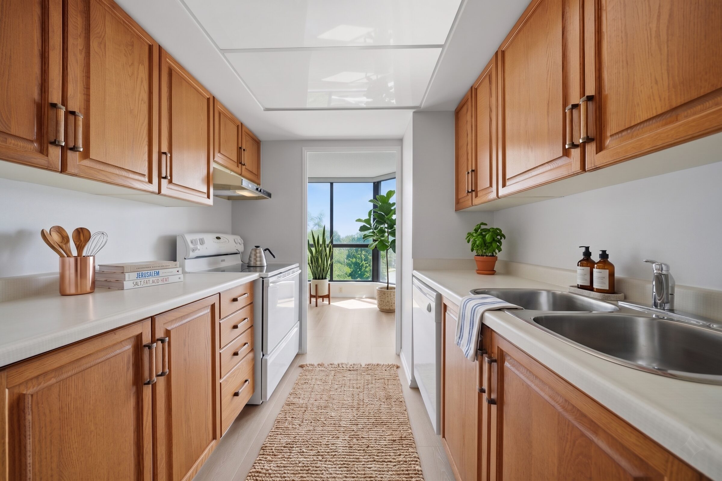 Galley kitchen with double sink, virtually staged