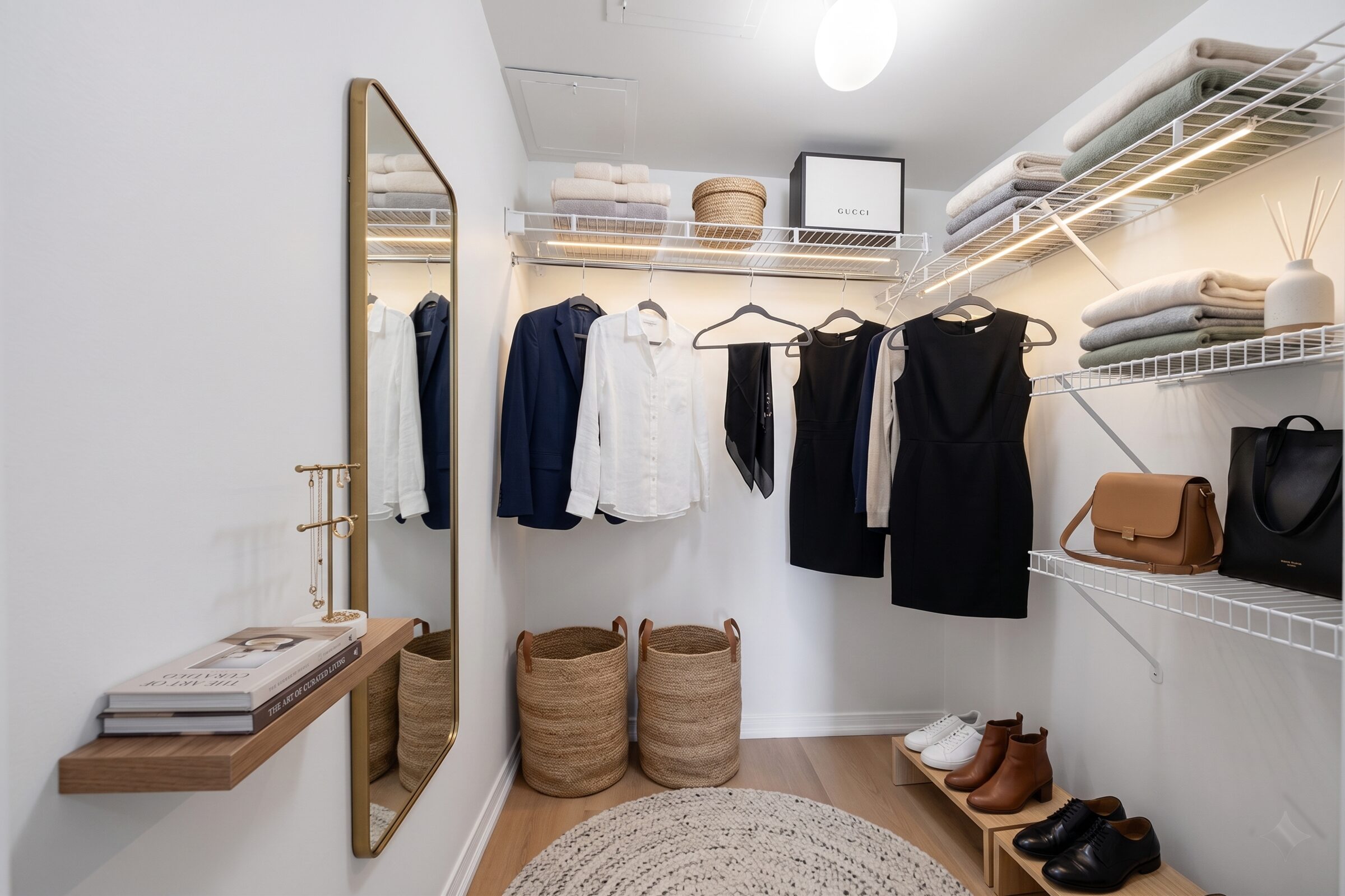 Primary walk-in closet, virtually staged