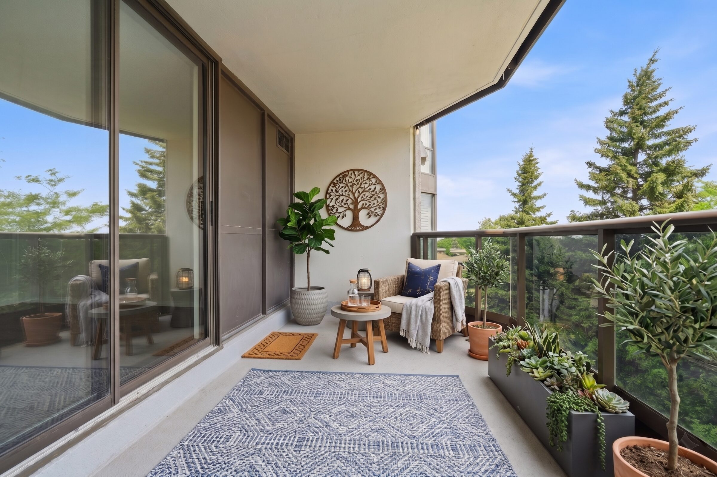 Private balcony with treetop views, virtually staged