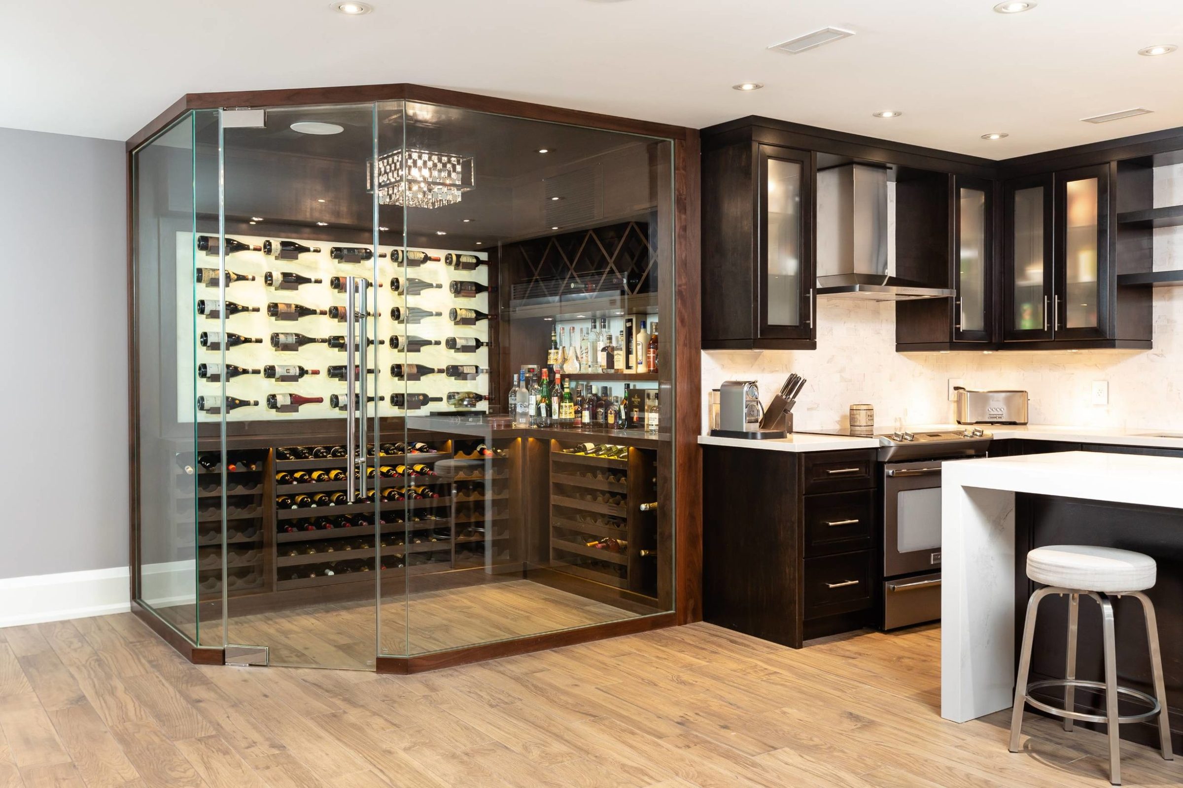 Climate-controlled wine cellar with back-lit onyx