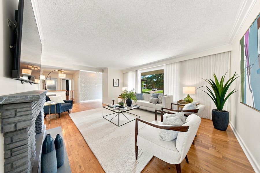 Living room and stone fireplace — 16 Oldham Road