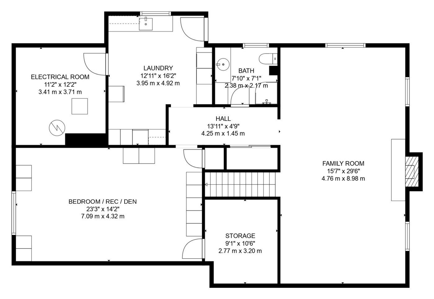 Lower level plan — 16 Oldham Road: family room, a flexible bedroom / rec / den, laundry, three-piece bath, storage and a walk-up to the backyard