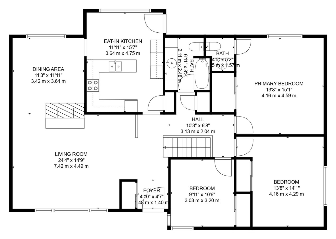 Main floor plan — 16 Oldham Road: living room, dining area, eat-in kitchen, three bedrooms and two bathrooms