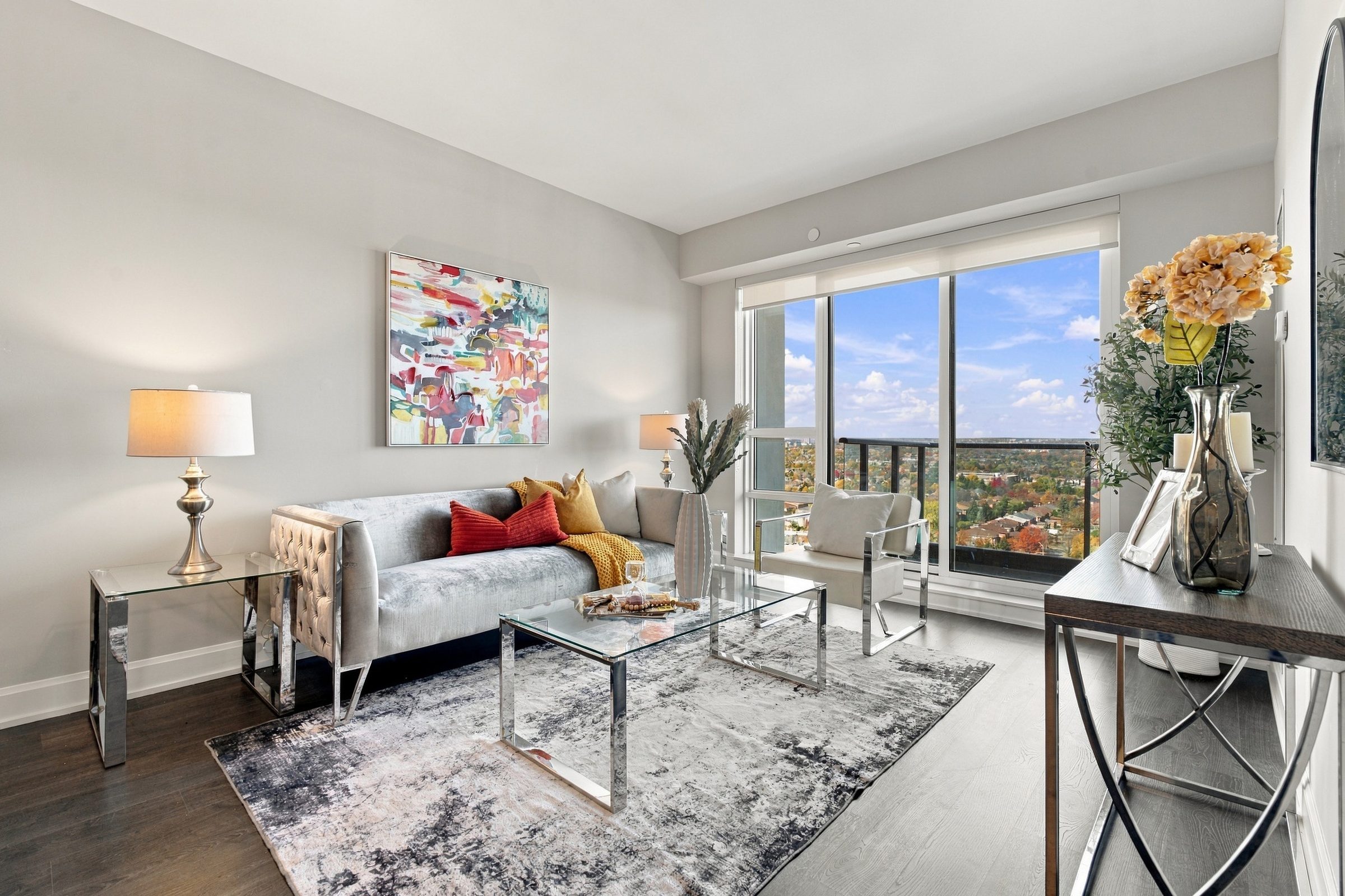 Living room with balcony walk-out and north-east view at Suite 1902, 38 Gandhi Lane, Markham