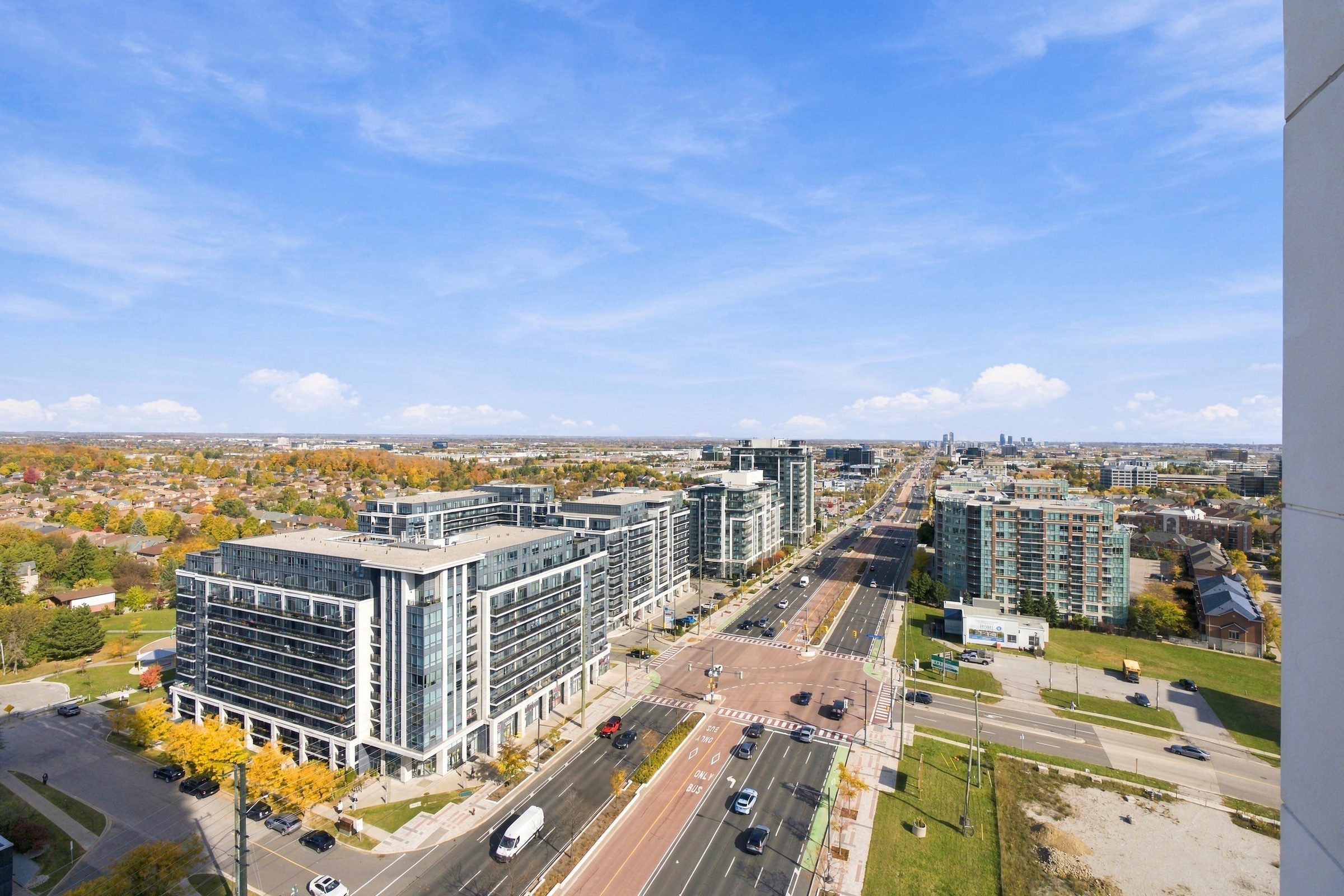 View from the balcony of Suite 1902, 38 Gandhi Lane, over Highway 7 and Commerce Valley, Markham