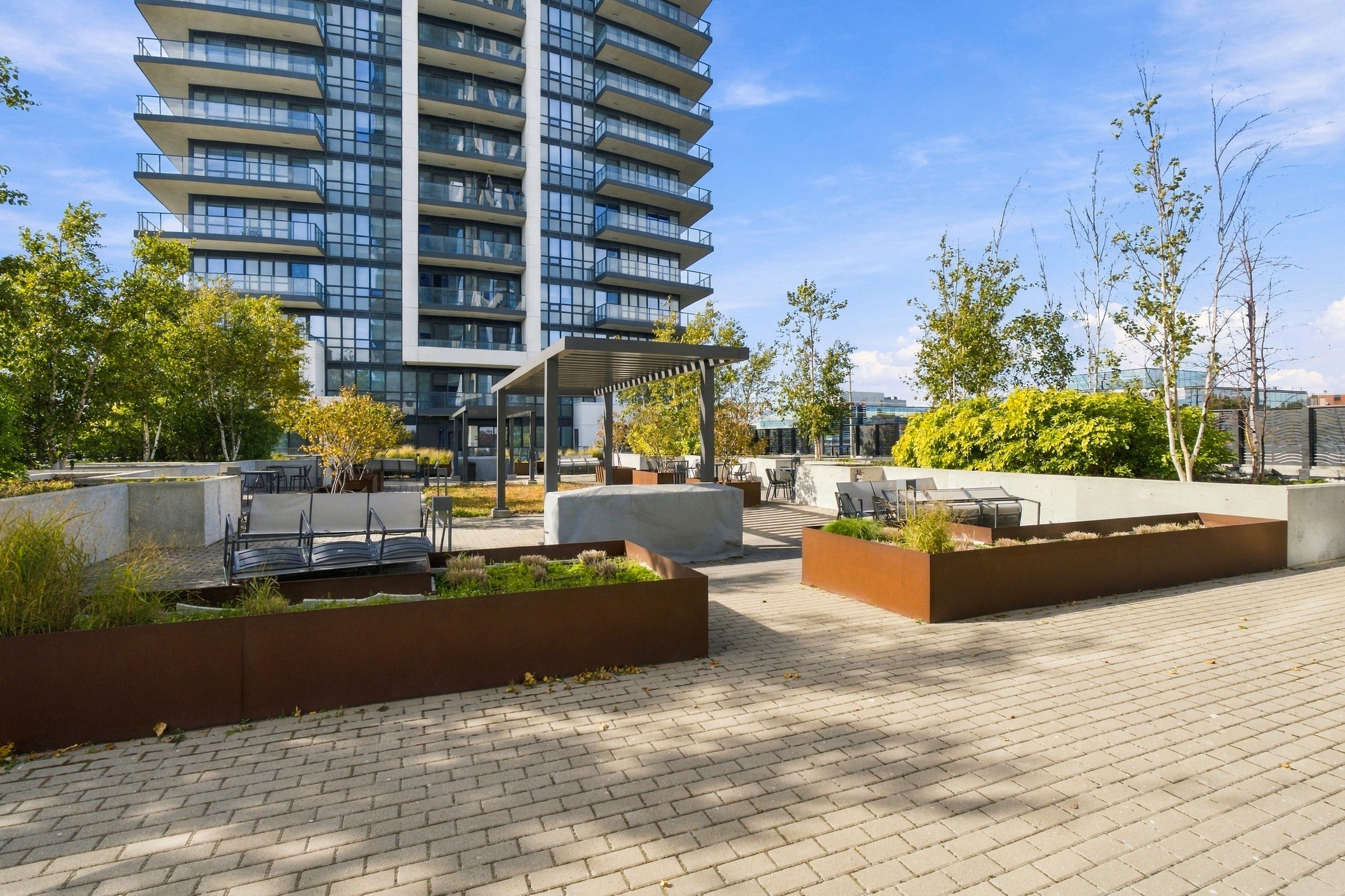 Landscaped amenity terrace at Pavilia Towers, 38 Gandhi Lane, Markham