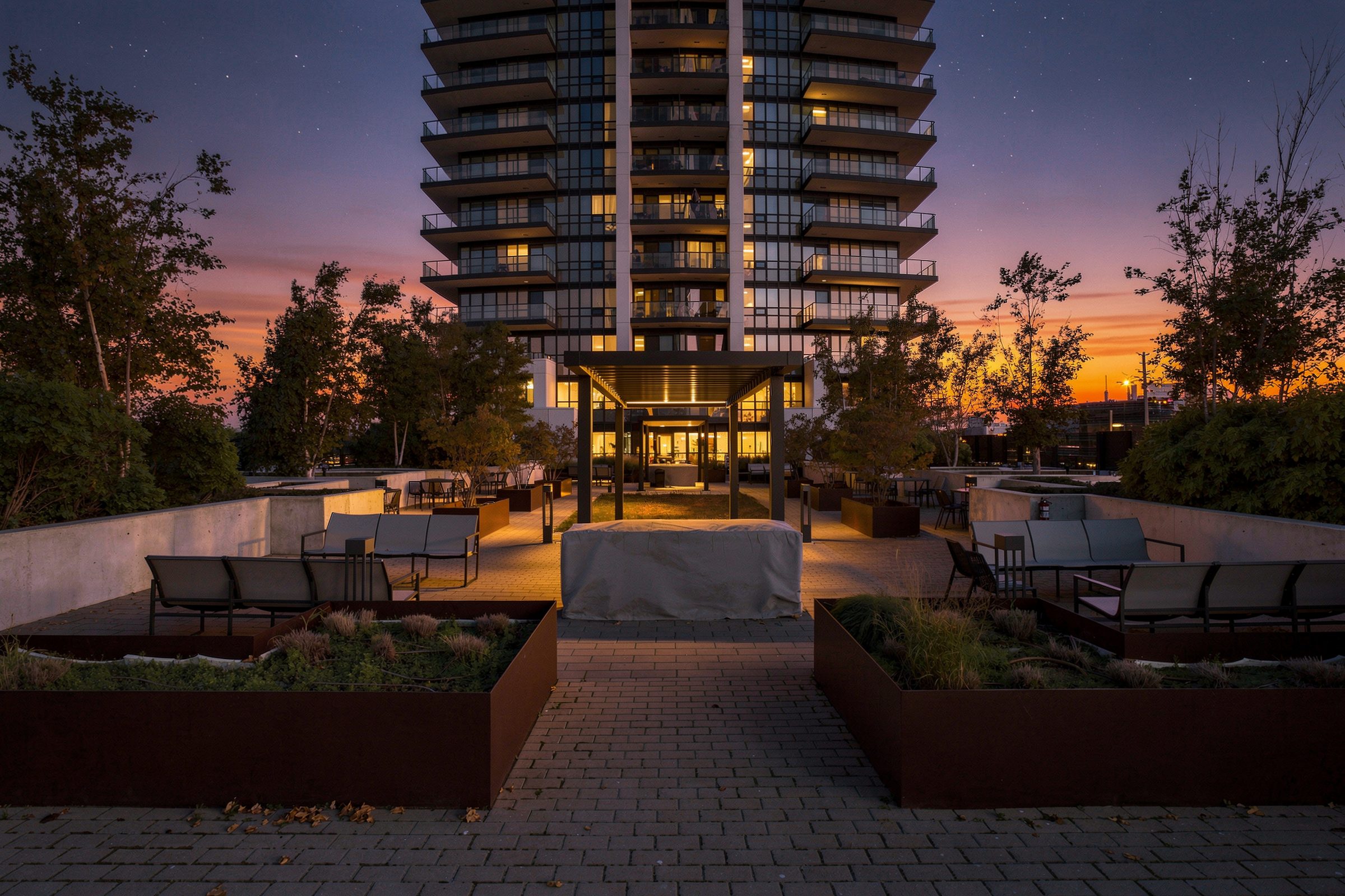 Amenity terrace at twilight, Pavilia Towers, 38 Gandhi Lane, Markham
