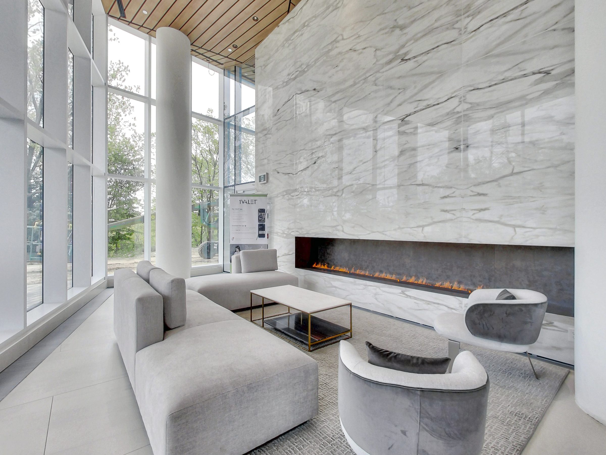 The building's fireplace lounge
