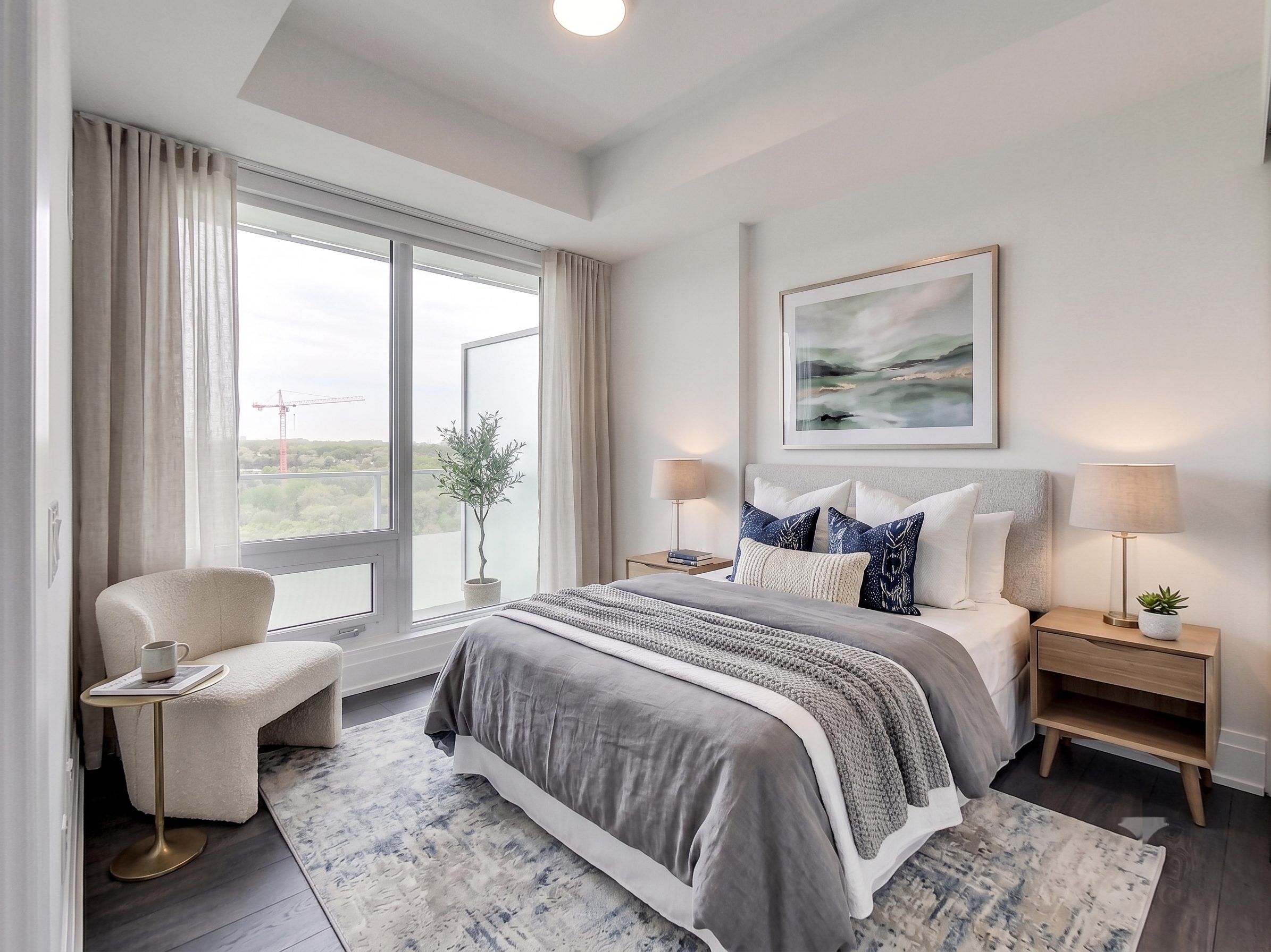 A second bedroom styled in warm neutral tones (virtually staged)