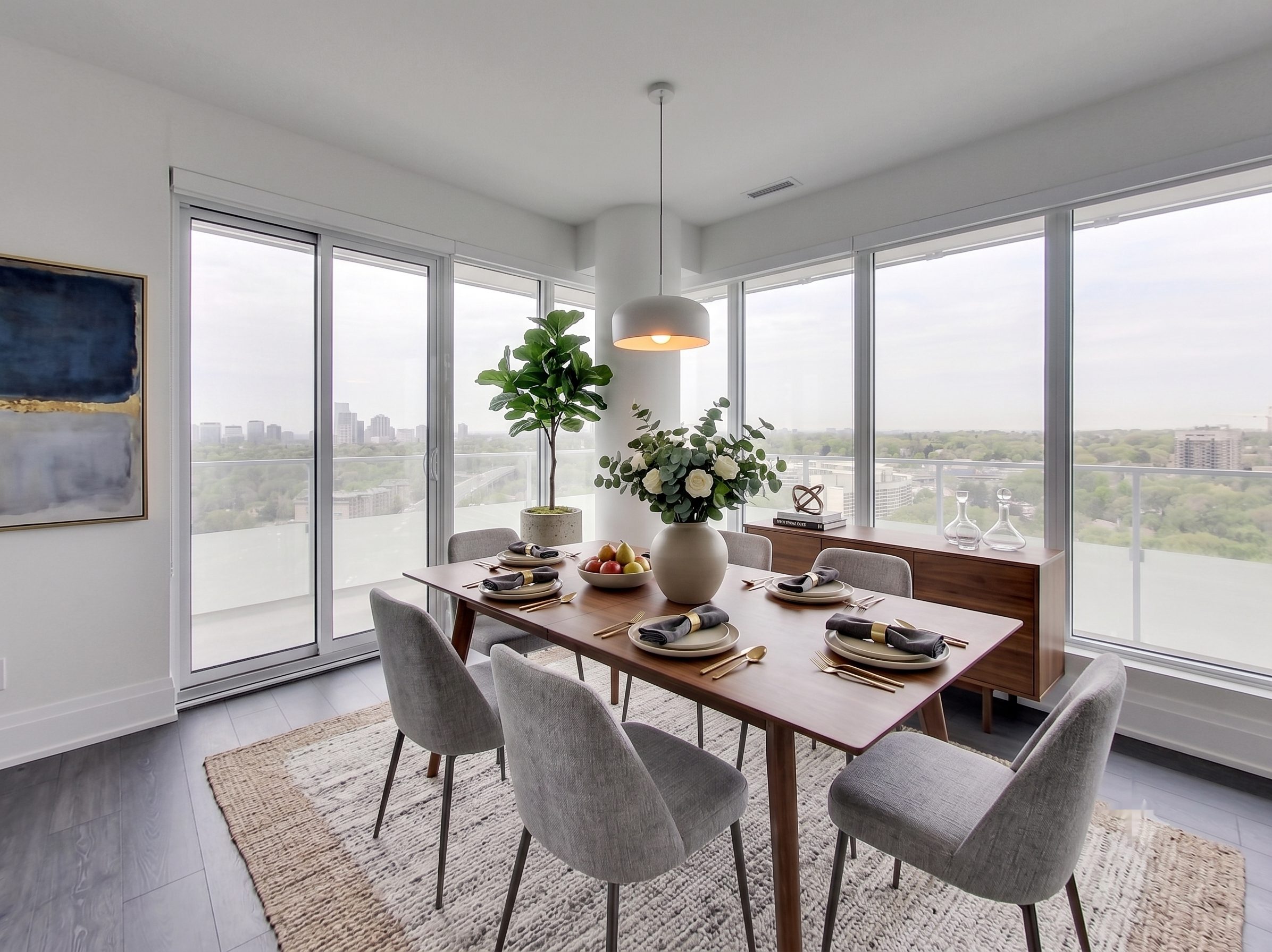 The dining area set against floor-to-ceiling windows over the valley (virtually staged)