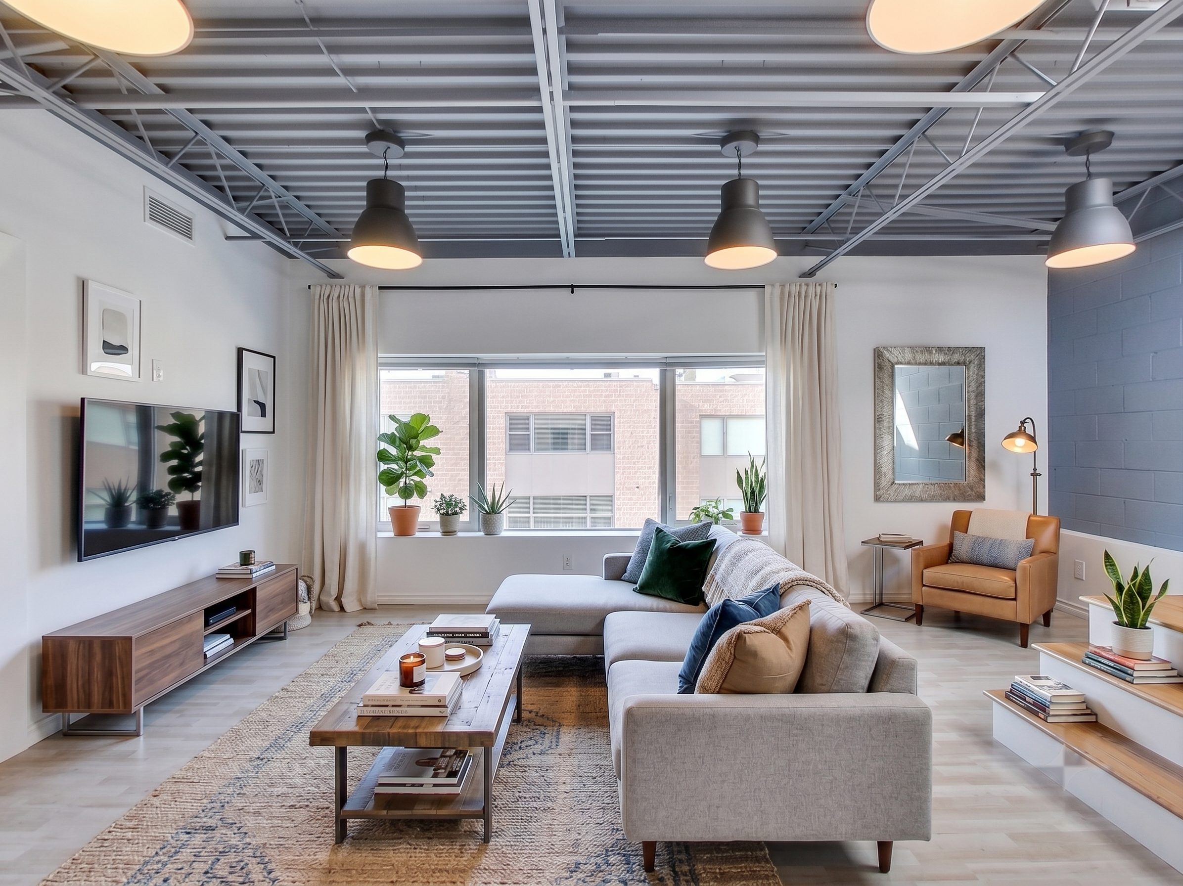 Open-concept living room staged beneath the lofted ceiling