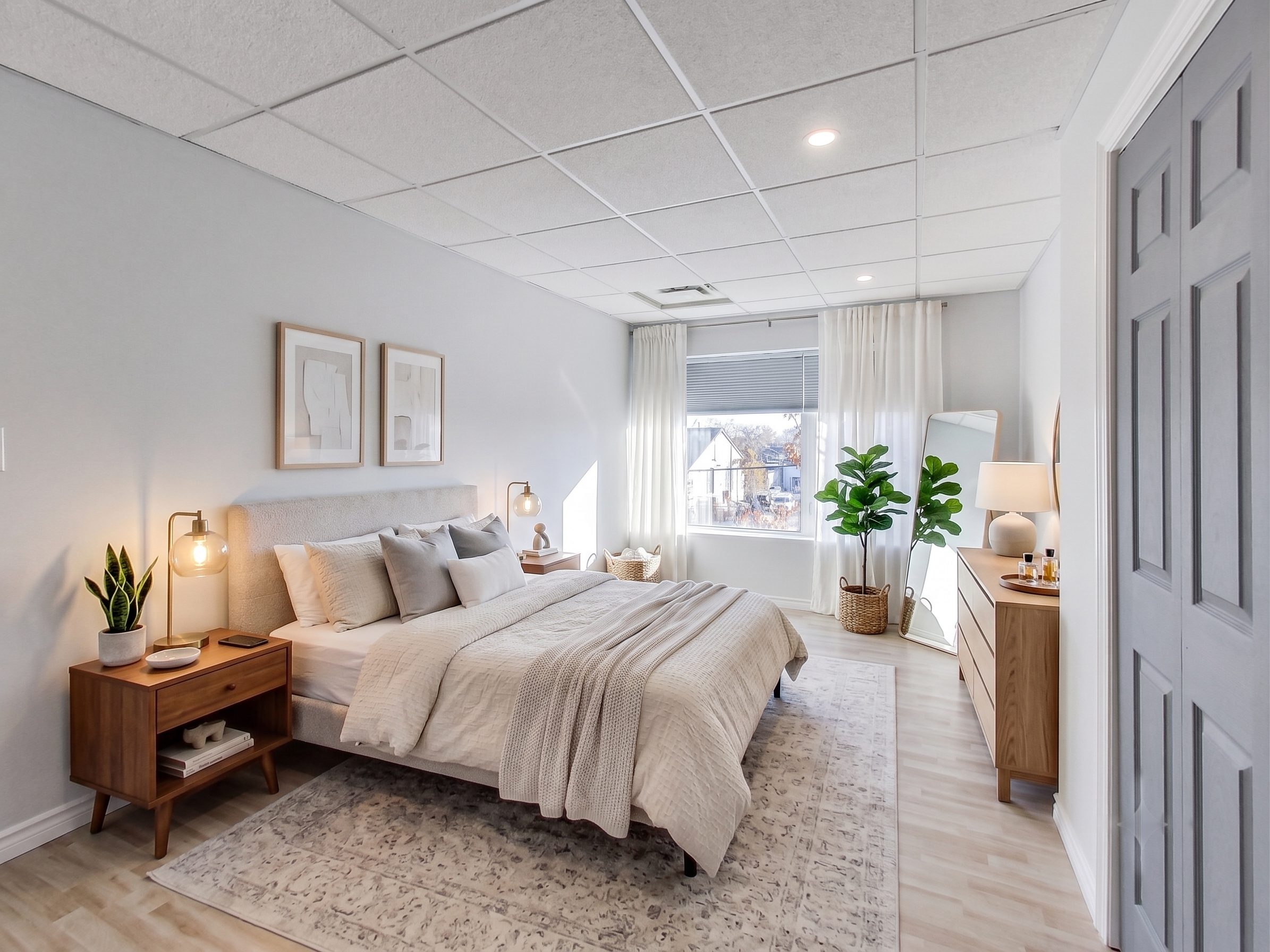 Bedroom staged with soft neutral linens and natural light