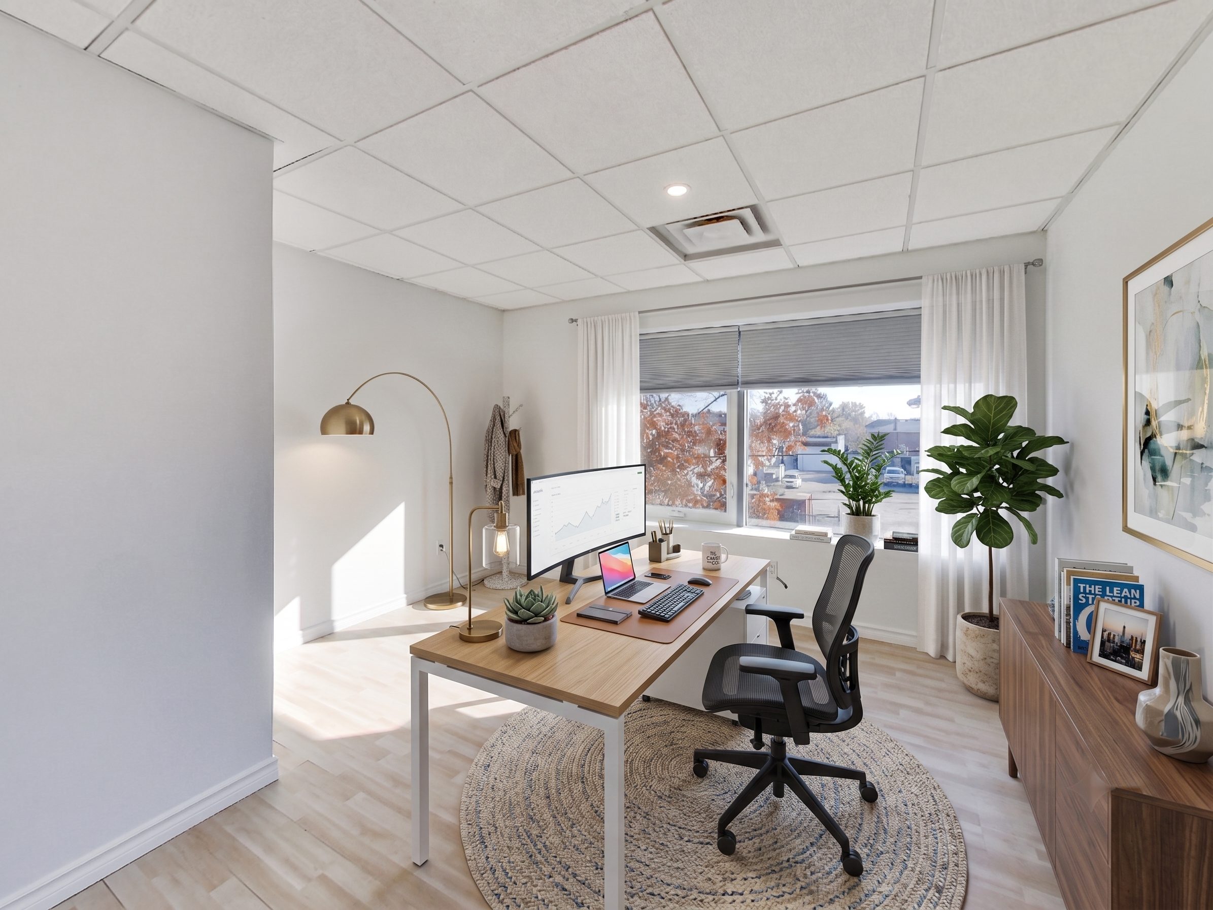 Bright home office with a single desk and city outlook