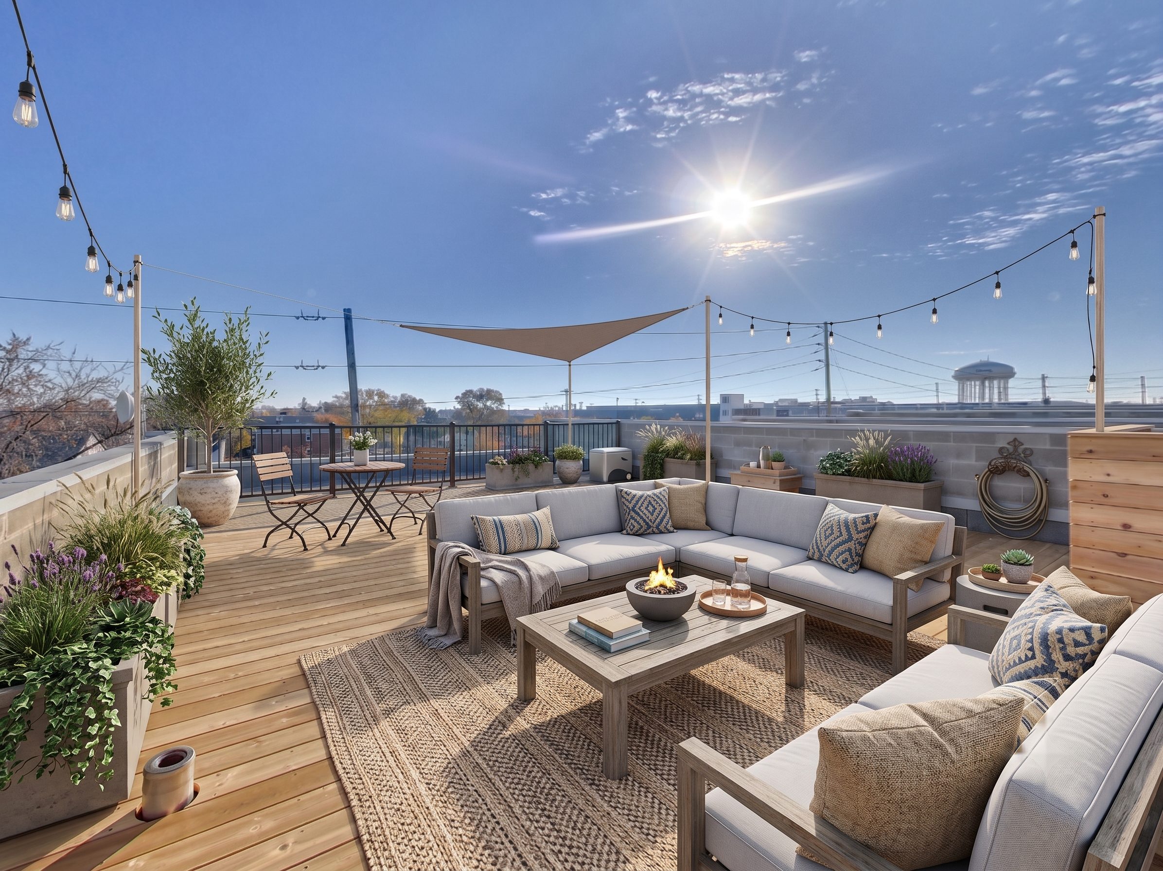 Private rooftop deck staged for entertaining at golden hour
