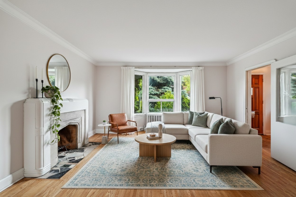 Living room virtually staged with sectional, accent chair, and area rug