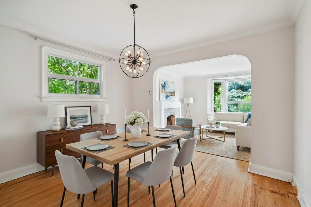 Dining room virtually staged with table for six and orb chandelier