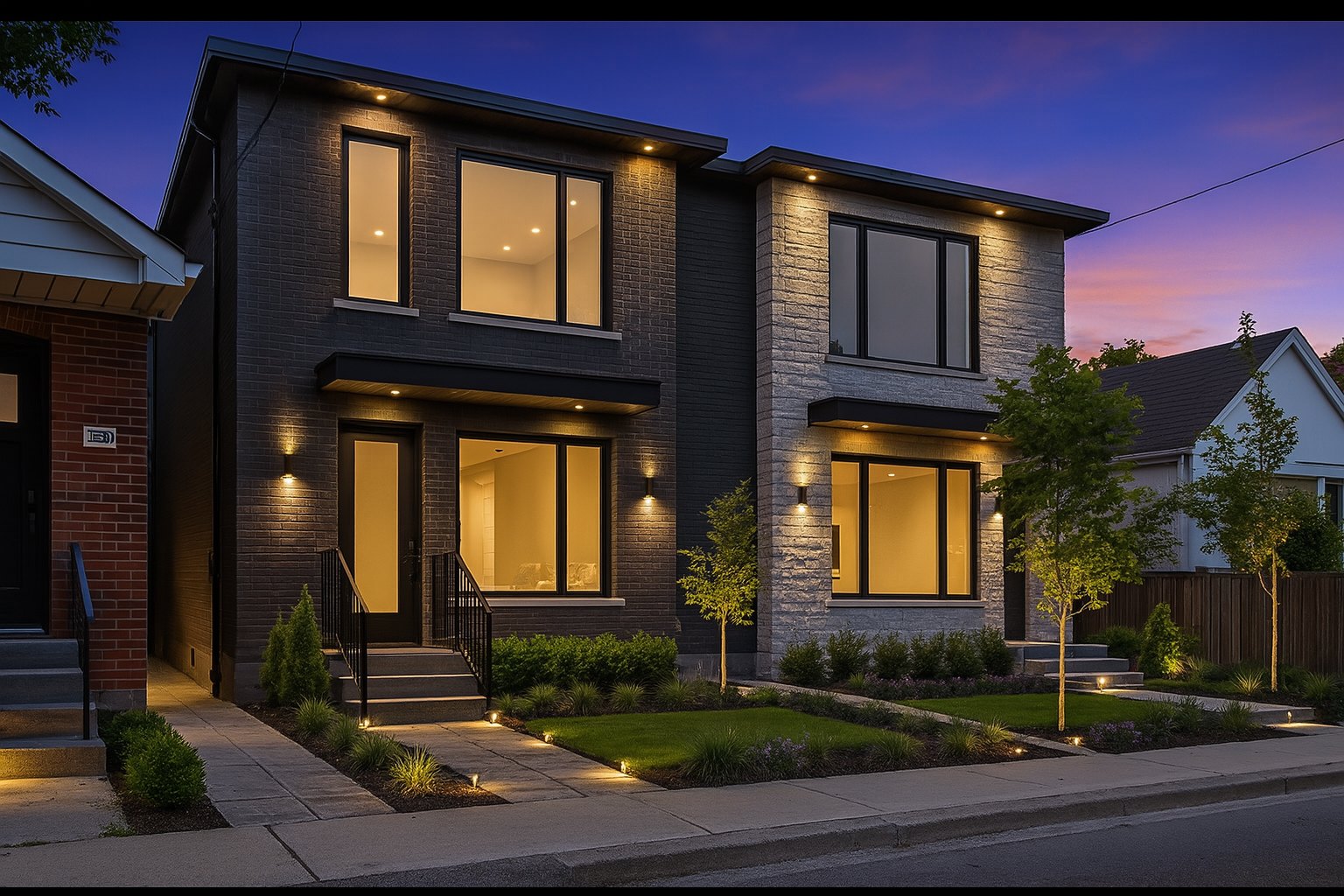 326 Lawrence Avenue West — architectural rendering of a new two-home build at twilight