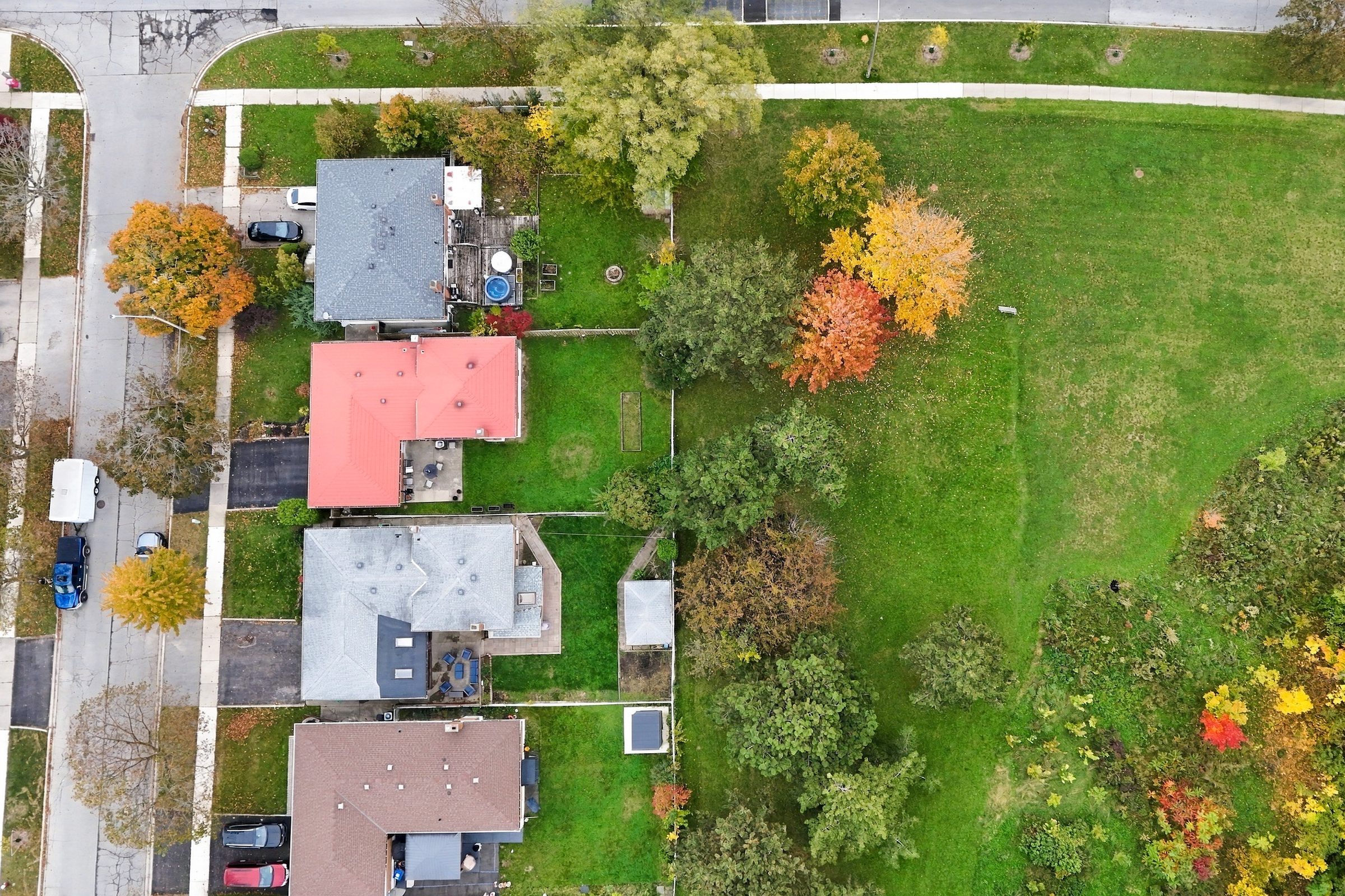 Aerial view of the green space behind the homes on Michelle Row, Mississauga