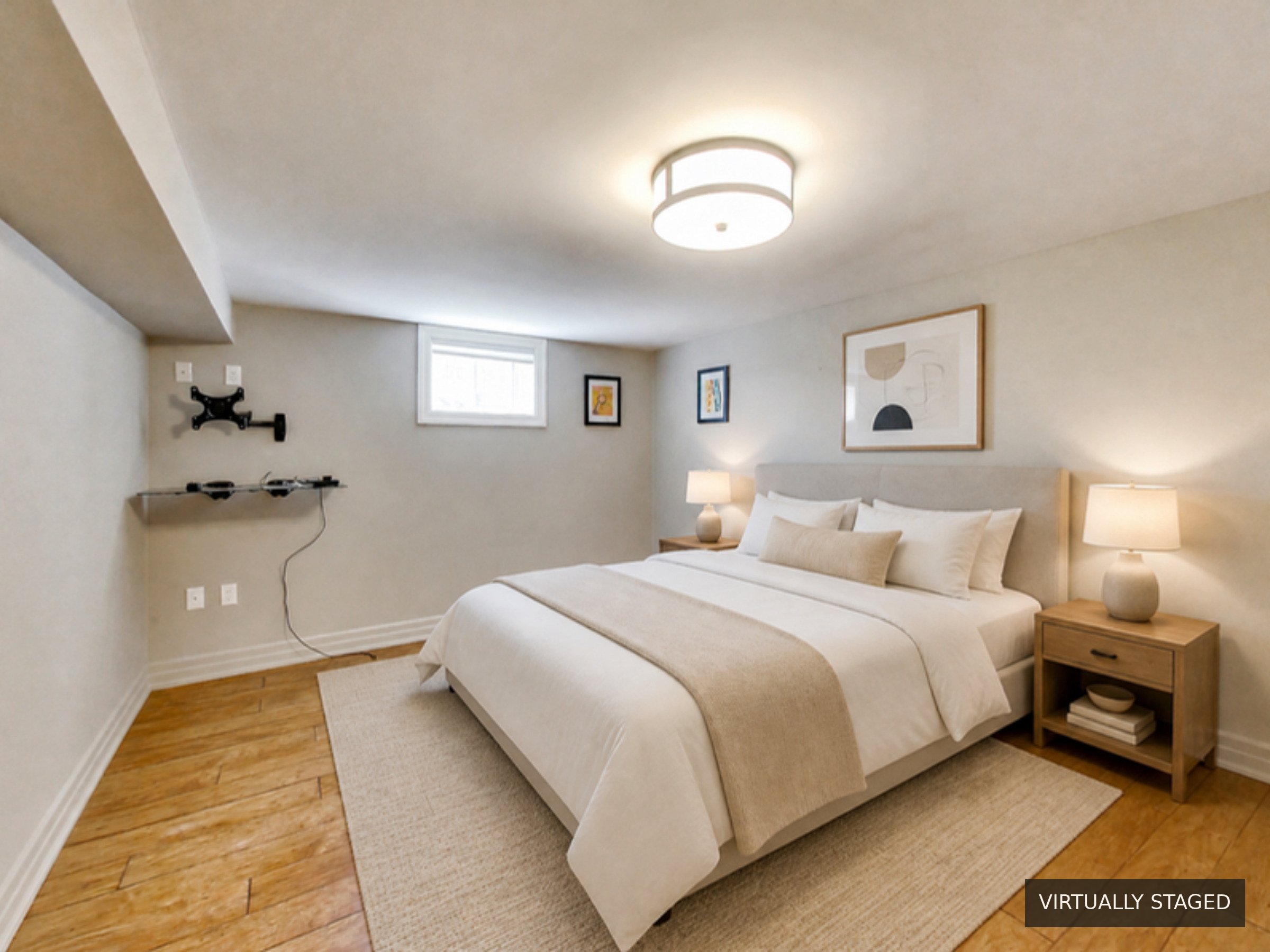 Bedroom, virtually staged, at 51 Norseman Street, Toronto