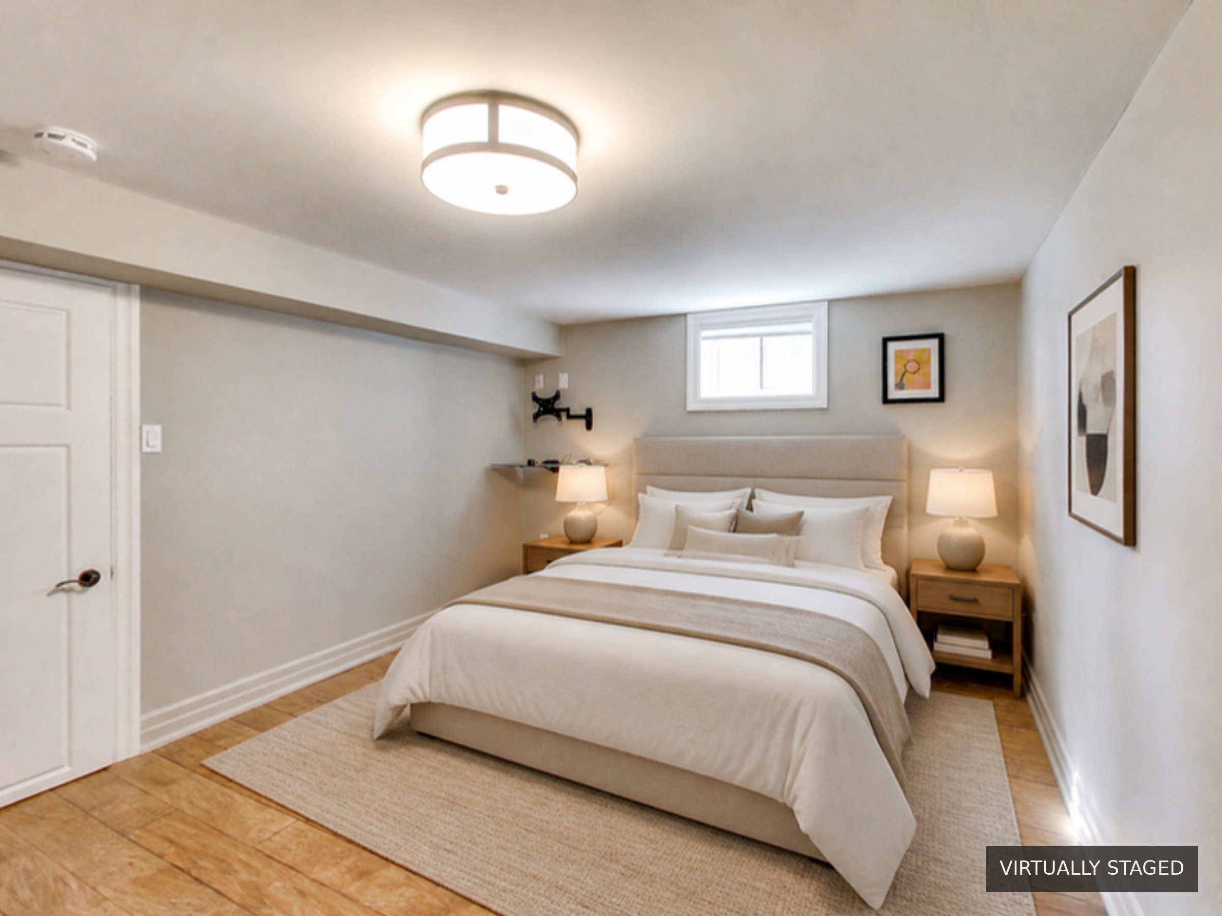 Bedroom with window, virtually staged, at 51 Norseman Street, Toronto