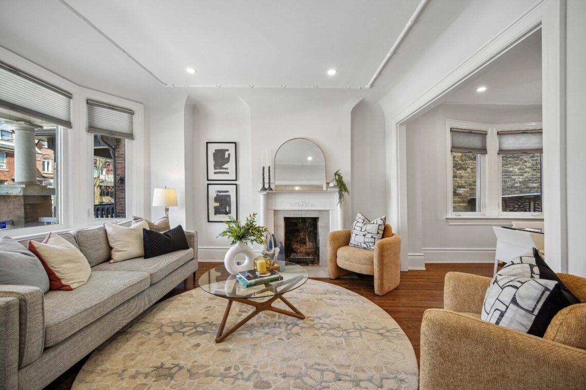 Living room with exposed brick