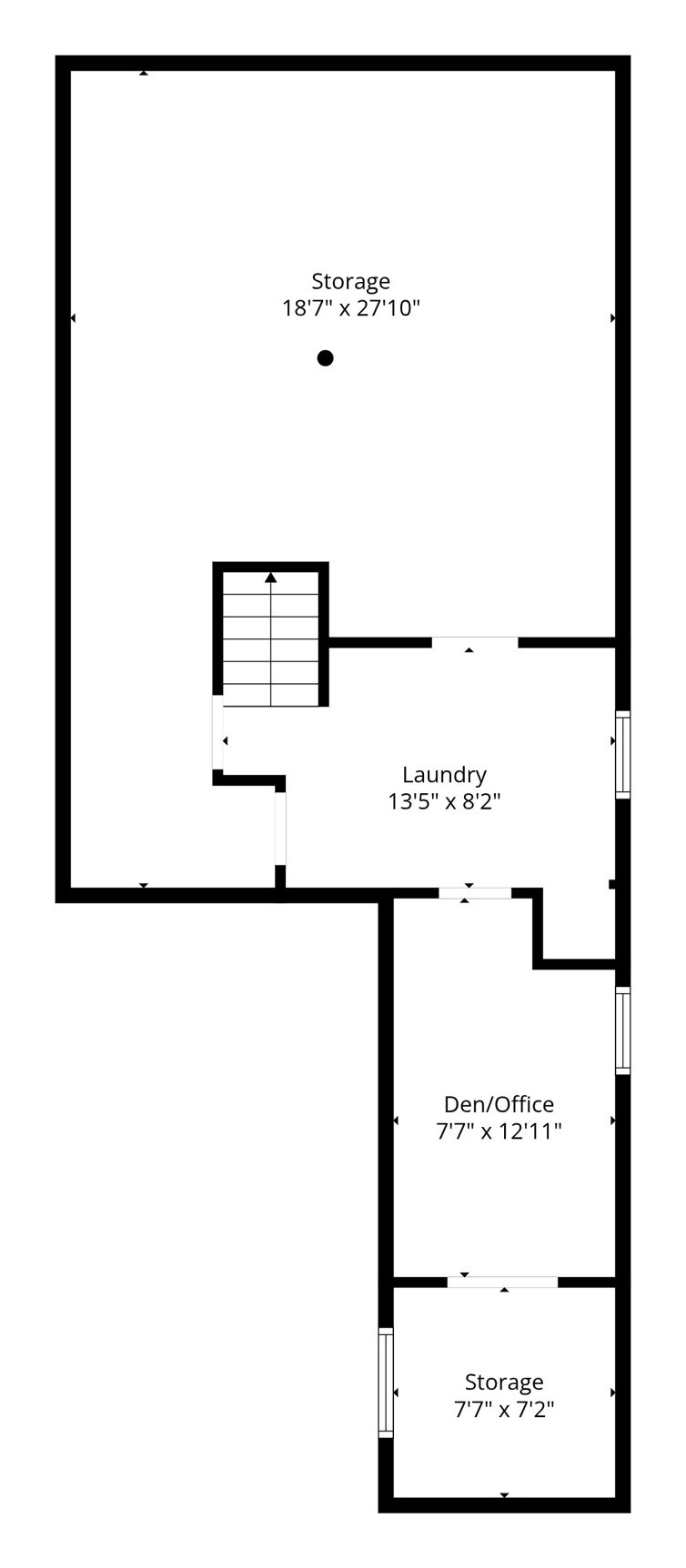Lower-level floor plan of 7179 Delmonte Crescent: den, laundry and storage
