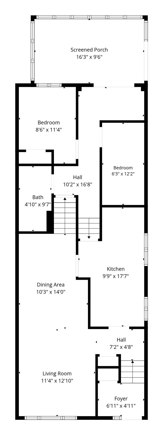 Main and middle-level floor plan of 7179 Delmonte Crescent: living, dining, kitchen, two bedrooms, bath and sunroom