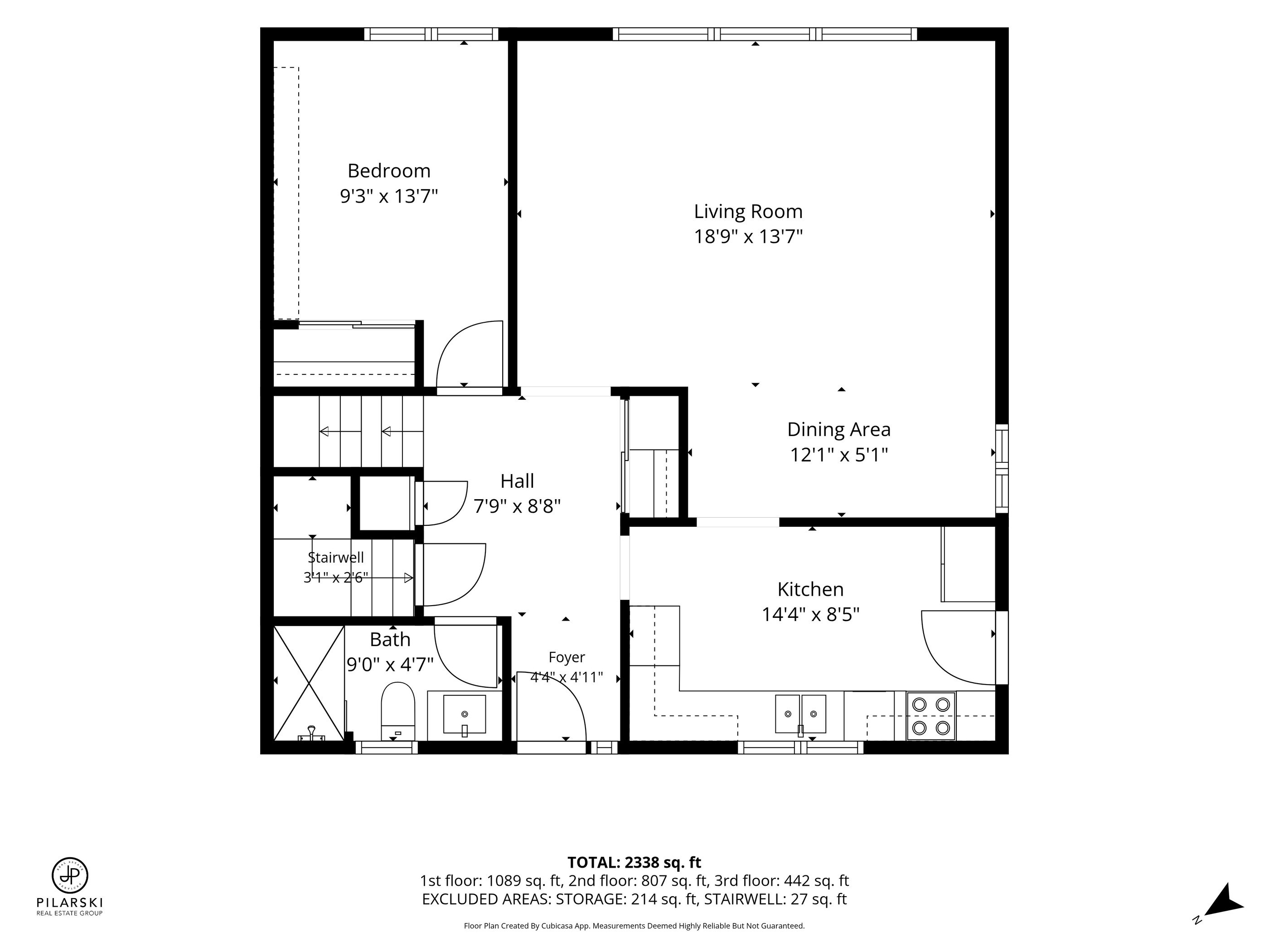 Main floor plan — living room, dining area, kitchen, bedroom and bath