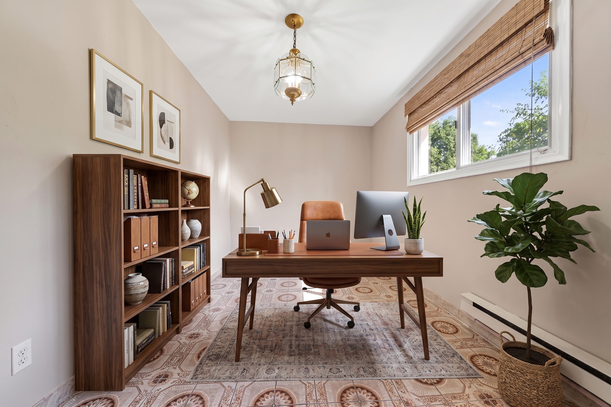 Lower-level room set up as a home office — virtually staged