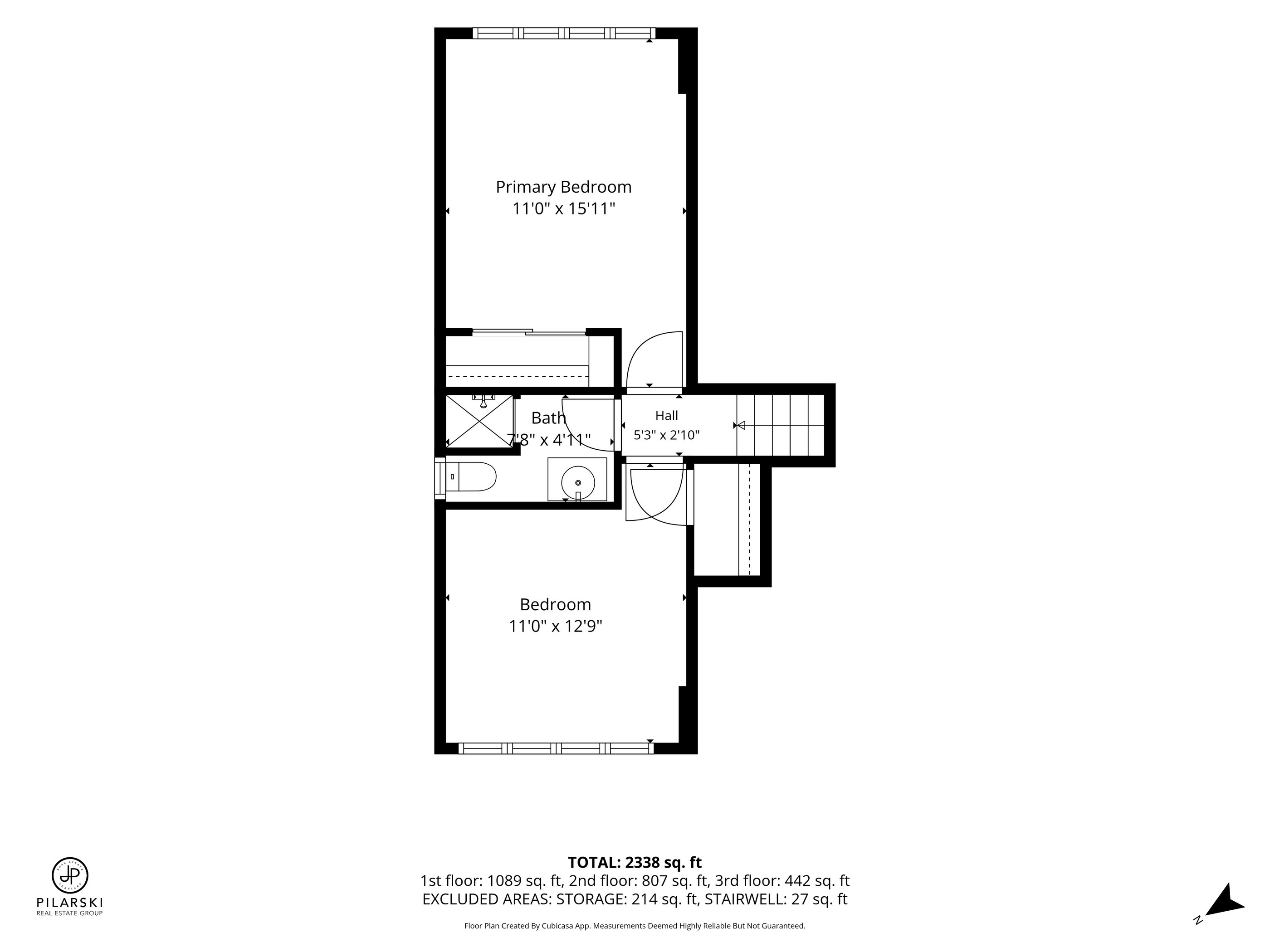 Upper floor plan — primary bedroom, second bedroom and bath