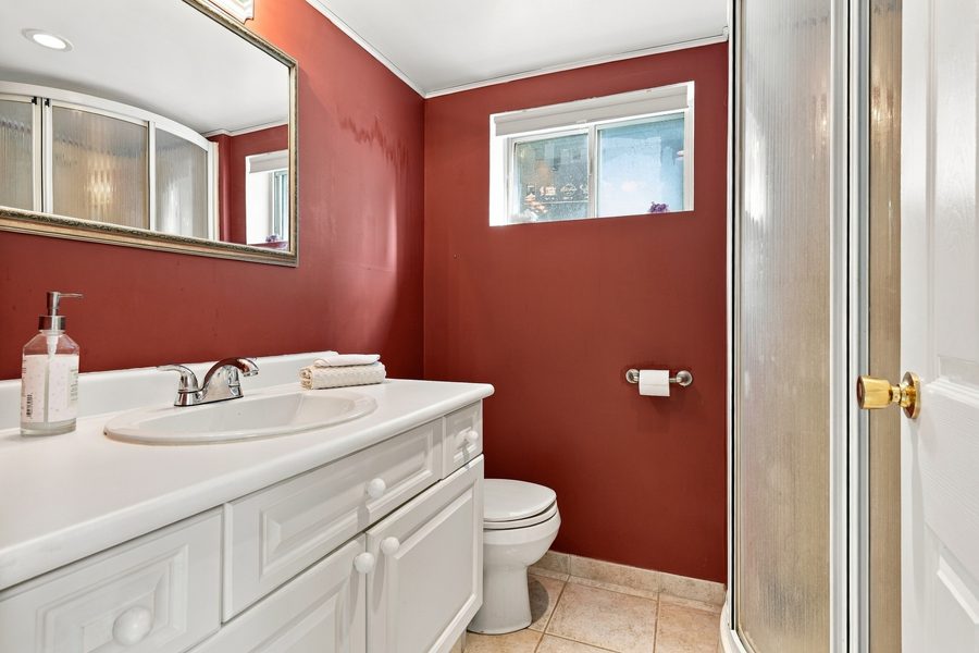 Lower level bathroom with vanity and shower