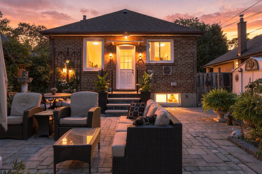 Rear patio and back of the house at twilight