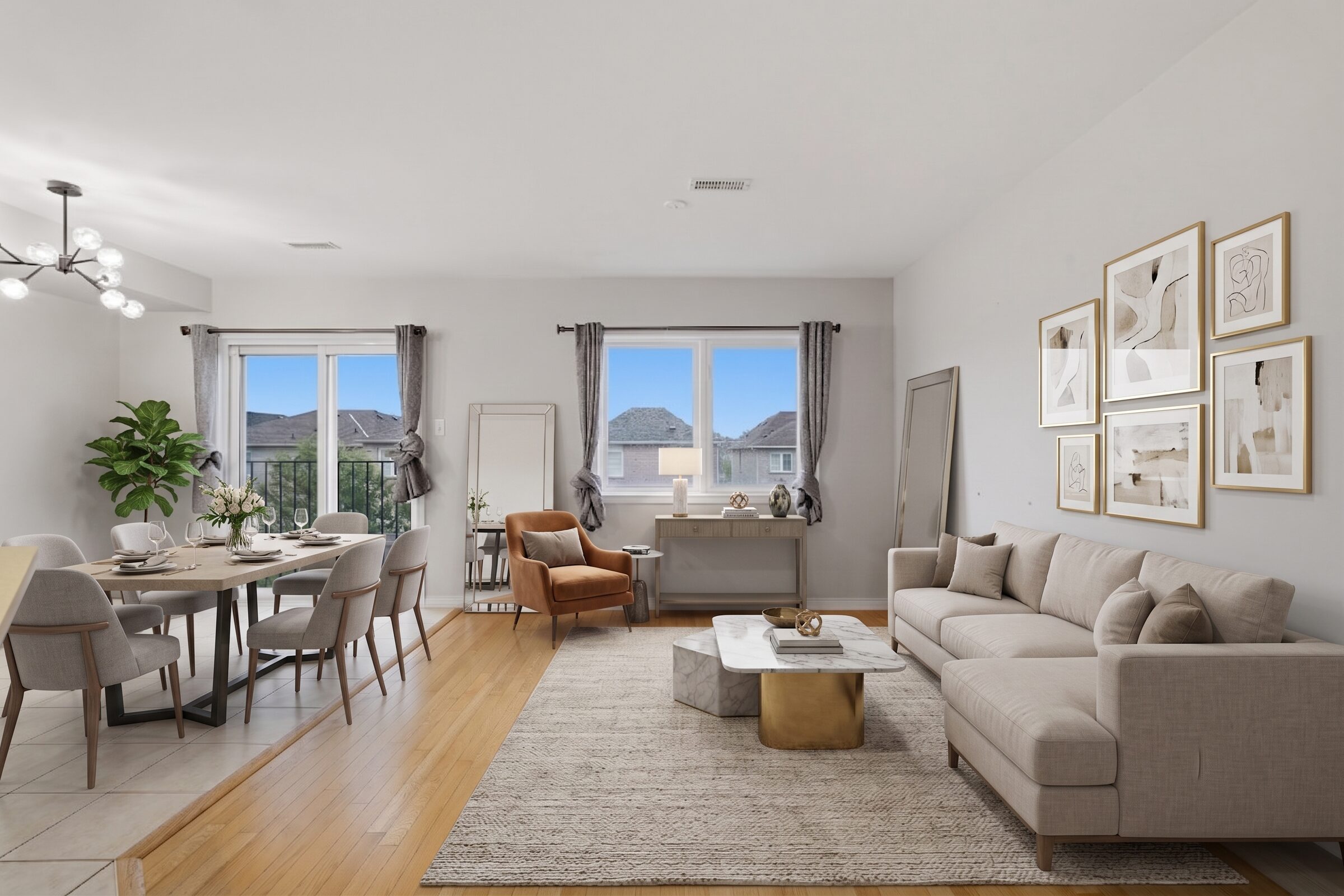 Open-concept living and dining room